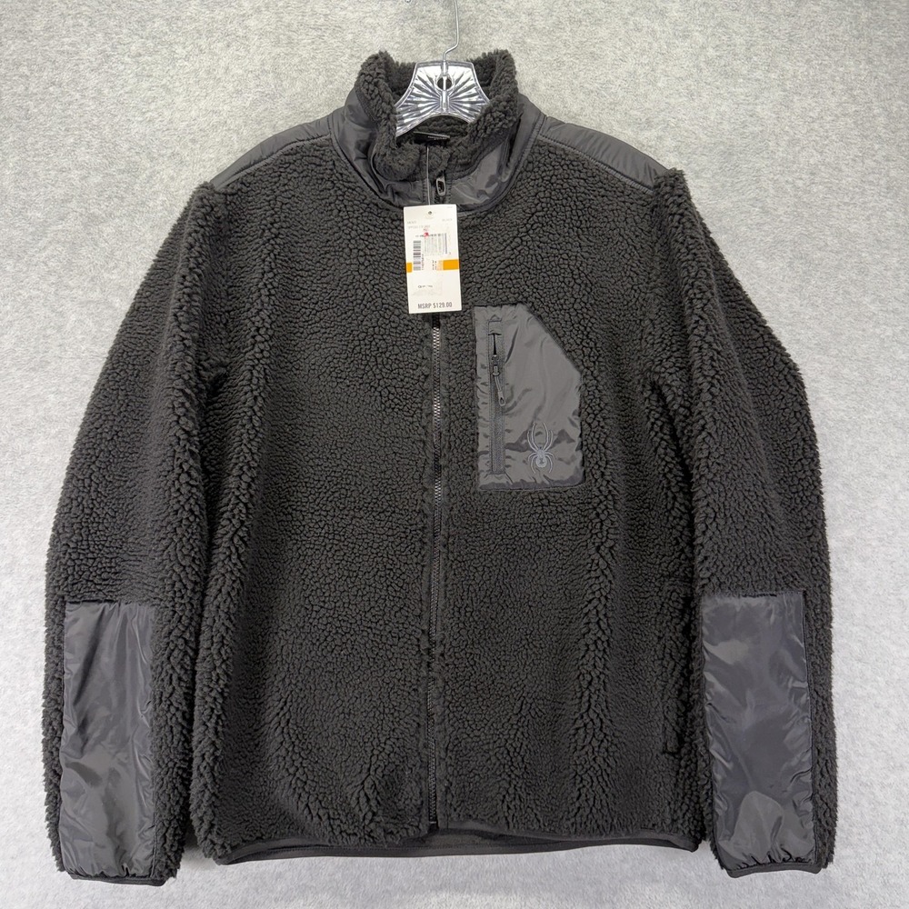 Spyder Jacket Mens Small Black Sherpa Deep Pile Fleece Full Zip Pocket Warm